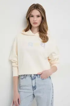 Karl Lagerfeld hanorac de bumbac femei, culoarea bej, cu gluga, cu imprimeu imagine