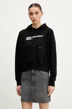 Karl Lagerfeld Jeans bluza femei, culoarea negru, cu gluga, cu imprimeu, A2W20053 imagine