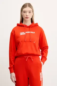 Karl Lagerfeld Jeans bluza femei, culoarea portocaliu, cu gluga, cu imprimeu, A2W20053 imagine