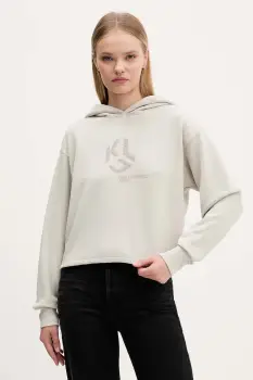 Karl Lagerfeld Jeans hanorac de bumbac culoarea bej, cu gluga, cu imprimeu, A4W20004 imagine