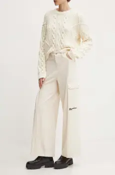 Karl Lagerfeld Jeans pantaloni femei, culoarea bej, drept, high waist, 245J1002 imagine