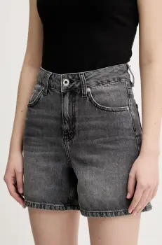 Karl Lagerfeld Jeans pantaloni scurti din denim femei, culoarea gri, uni, high waist, A2W10040 imagine