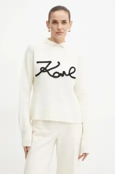Karl Lagerfeld pulover de lana femei, culoarea bej, calduros, cu turtleneck, 246W2000 imagine