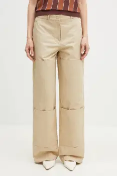 Kenzo pantaloni de bumbac femei, culoarea bej, drept, high waist, FF52PA1009DL.11 imagine