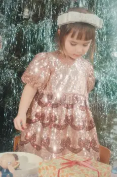 Konges Slojd rochie fete STARLA BOW WOW DRESS culoarea auriu, mini, evazati, KS102116 imagine