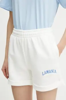 La Mania pantaloni scurti femei, culoarea alb, cu imprimeu, high waist, JUNGLE imagine