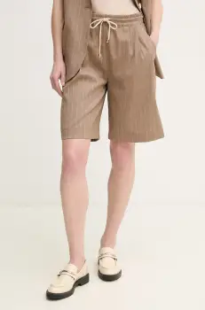 La Petite Francaise pantaloni scurti din amestec de in SOLANGE femei, culoarea bej, cu imprimeu, high waist, SOLANGE imagine