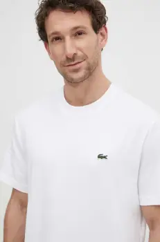 Lacoste tricou din bumbac barbati, culoarea alb, neted imagine