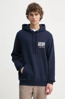 Les Deux hanorac de bumbac barbati, culoarea albastru marin, cu gluga, cu imprimeu, LDM202049 imagine