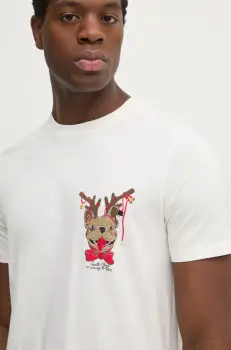 Lindbergh tricou din bumbac barbati, culoarea bej, cu imprimeu, 30-400311 imagine