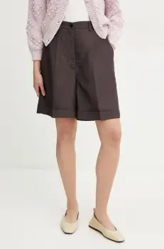 Liviana Conti pantaloni scurti din amestec de in femei, culoarea maro, neted, high waist, L5SM19 imagine