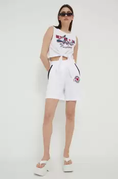 Love Moschino pantaloni scurti din bumbac culoarea alb, cu imprimeu, high waist imagine