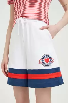 Love Moschino pantaloni scurti din bumbac culoarea alb, cu imprimeu, high waist imagine
