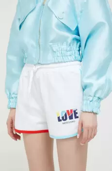 Love Moschino pantaloni scurti femei, culoarea alb, cu imprimeu, high waist imagine