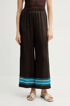 Luisa Spagnoli pantaloni de matase femei, culoarea maro, lat, high waist, 542106 imagine