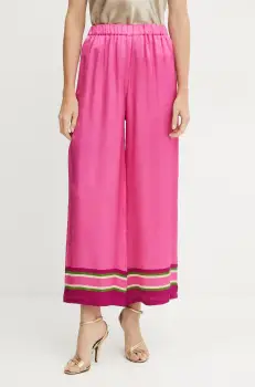 Luisa Spagnoli pantaloni de matase femei, culoarea roz, lat, high waist, 542106 imagine