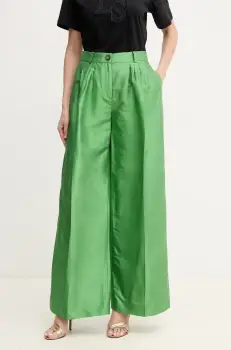 Luisa Spagnoli pantaloni de matase femei, culoarea verde, lat, high waist, 542165 imagine