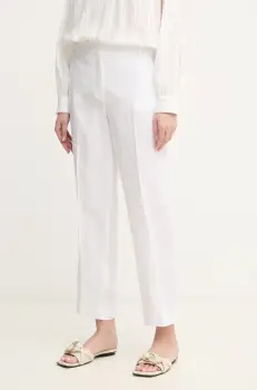 Luisa Spagnoli pantaloni din in femei, culoarea alb, drept, medium waist, 542090 imagine