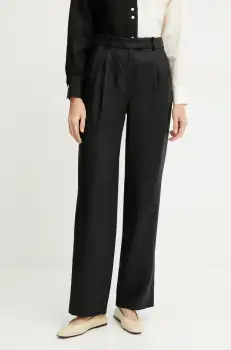 Luisa Spagnoli pantaloni din in femei, culoarea negru, drept, high waist, 542054 imagine