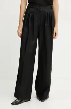 Luisa Spagnoli pantaloni din in femei, culoarea negru, lat, high waist, 542166 imagine