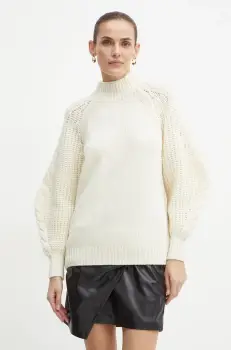 Luisa Spagnoli pulover de lana COMITATO femei, culoarea bej, calduros, cu turtleneck, 58409 imagine