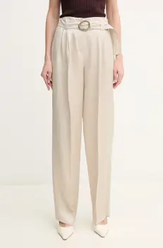 Marella pantaloni din amestec de in FATTO femei, culoarea bej, fason chinos, high waist, 2513131124200 imagine
