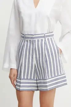 Marella pantaloni scurti din amestec de in ACUME femei, culoarea alb, cu imprimeu, high waist, 2513141034200 imagine