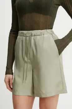 Marella pantaloni scurti din matase BORBONA femei, culoarea verde, uni, high waist, 2513141025200 imagine