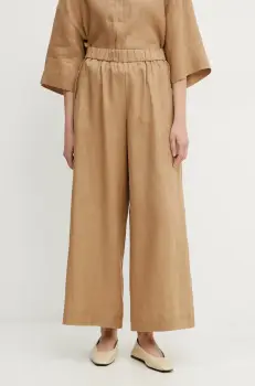 Max Mara Leisure pantaloni din in femei, culoarea maro, fason culottes, high waist, 2516131018600 imagine