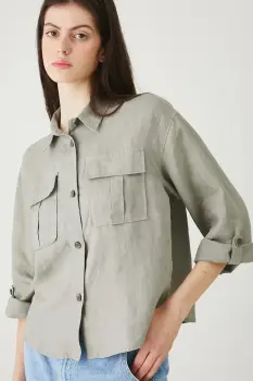 Medicine camasa de in bluza relaxata verde pentru femei cu guler clasic imagine