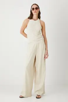 Medicine pantaloni culoarea bej, lat, high waist imagine