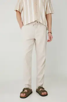 Medicine pantaloni din amestec de in barbati, culoarea bej, drept imagine