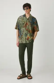 Medicine pantaloni din amestec de in barbati, culoarea verde, drept imagine