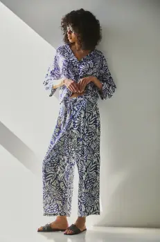 Medicine pantaloni din amestec de in culoarea albastru marin, lat, high waist imagine