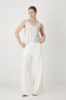 Medicine pantaloni din amestec de in culoarea bej, lat, medium waist imagine