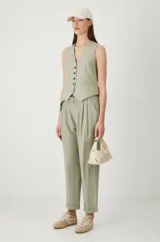 Medicine pantaloni din amestec de in culoarea verde, drept, high waist imagine