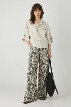 Medicine pantaloni din amestec de in femei, culoarea bej, lat, medium waist imagine