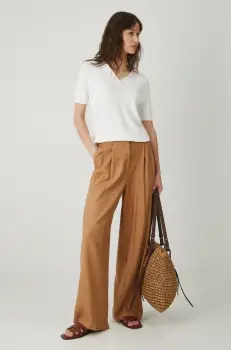 Medicine pantaloni din amestec de in femei, culoarea maro, lat, medium waist imagine