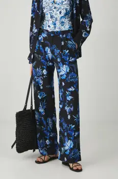 Medicine pantaloni din amestec de in femei, culoarea negru, lat, medium waist imagine