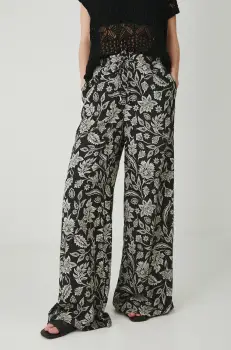 Medicine pantaloni din amestec de in femei, culoarea negru, lat, medium waist imagine