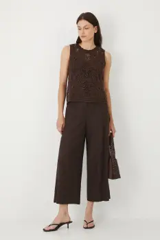 Medicine pantaloni din in culoarea maro, fason culottes, high waist imagine