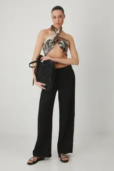 Medicine pantaloni din in culoarea negru, lat, medium waist imagine