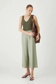 Medicine pantaloni din in culoarea verde, fason culottes, high waist imagine