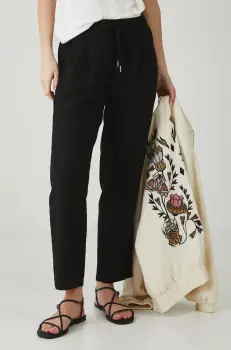 Medicine pantaloni din in femei, culoarea negru, fason chinos, medium waist imagine