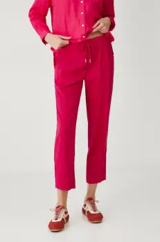 Medicine pantaloni din in femei, culoarea roz, fason chinos, medium waist imagine
