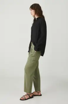 Medicine pantaloni din in femei, culoarea verde, fason chinos, high waist imagine