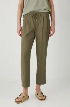 Medicine pantaloni din in femei, culoarea verde, fason chinos, medium waist imagine