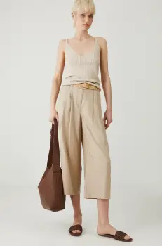 Medicine pantaloni femei, culoarea bej, lat, high waist imagine