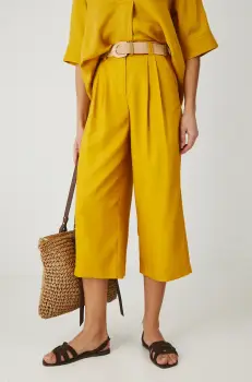 Medicine pantaloni femei, culoarea galben, lat, high waist imagine