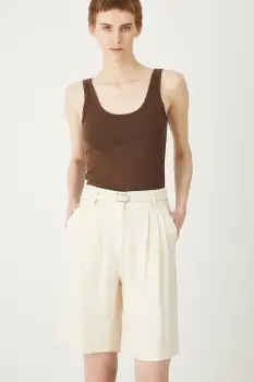 Medicine pantaloni scurti culoarea bej, uni, high waist imagine